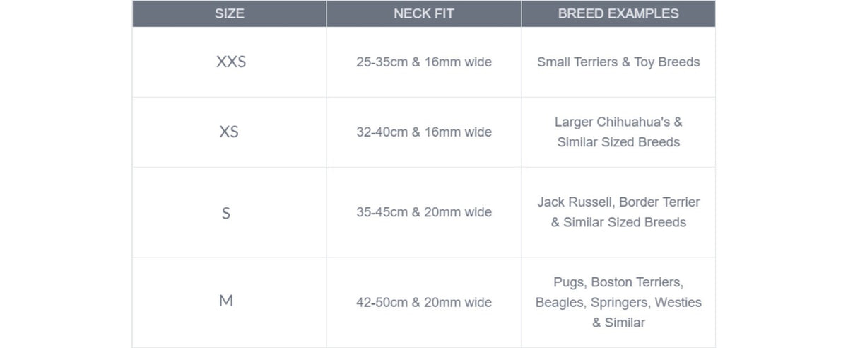collar size table